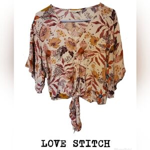 Love Stitch Floral Tie-Front Blouse - Cream and Brown